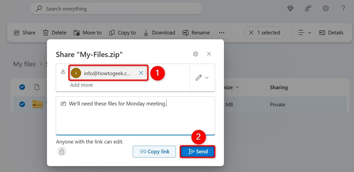 The options to share a file with someone specific highlighted on OneDrive.