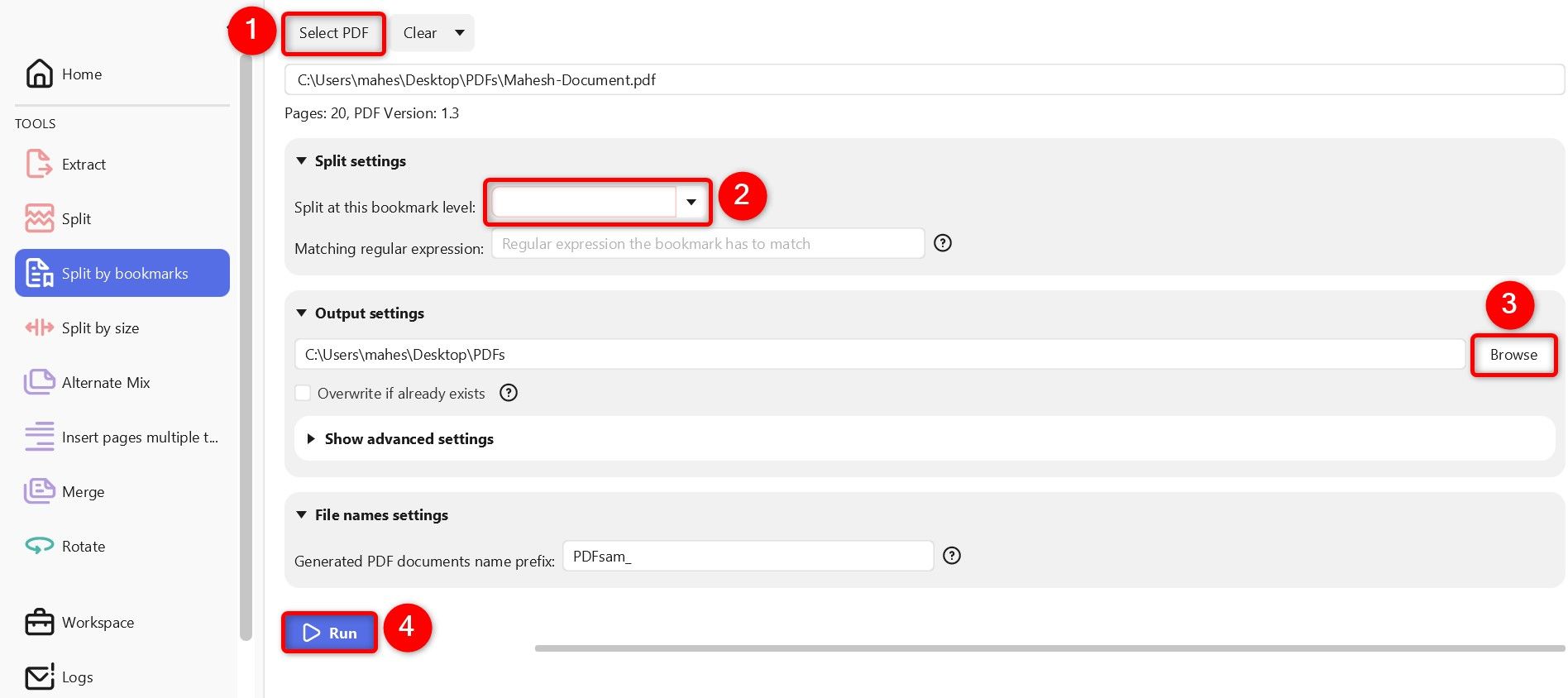 Options to split a PDF by bookmarks highlighted in PDF24.