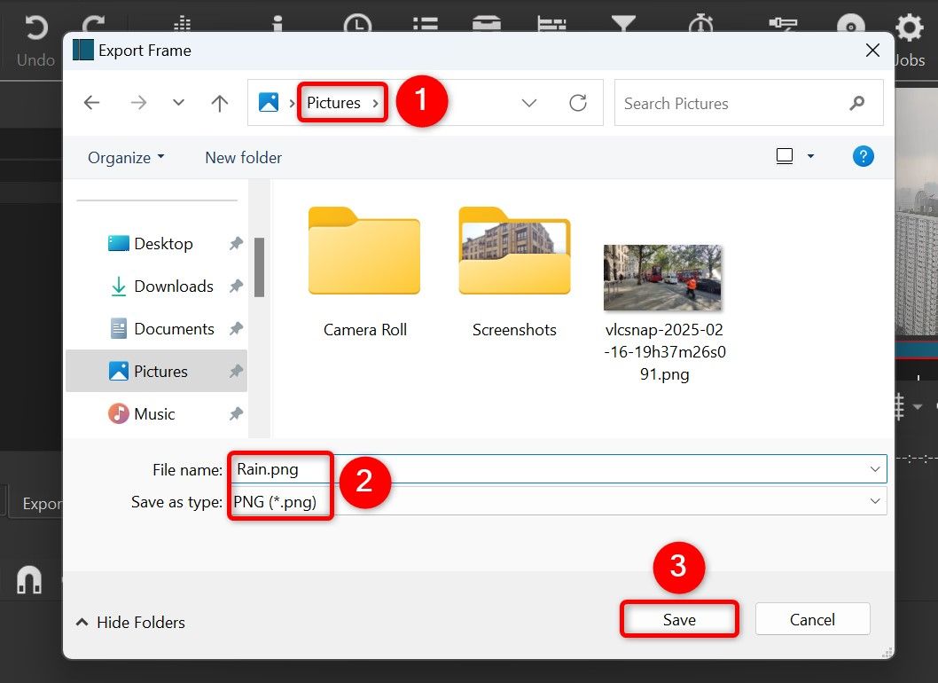 Various options highlighted on Shotcut's "Export Frame" window.