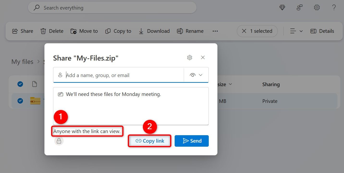 The options to get a shareable file link highlighted on OneDrive.