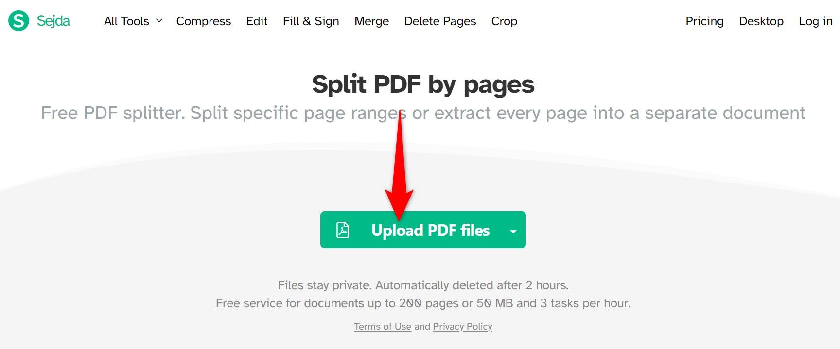 "Upload PDF Files" highlighted on Sejda.