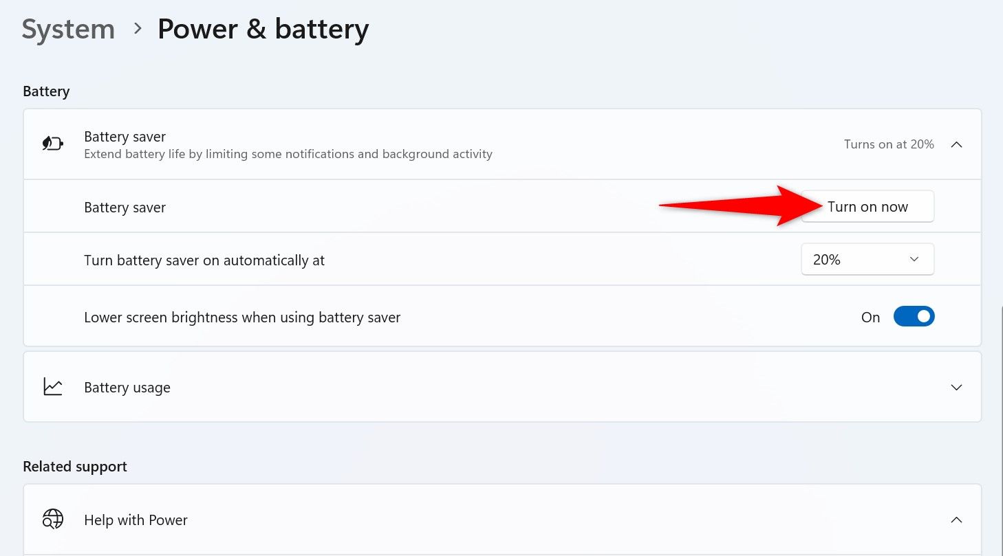 "Turn On Now" highlighted for Battery Saver in Settings.