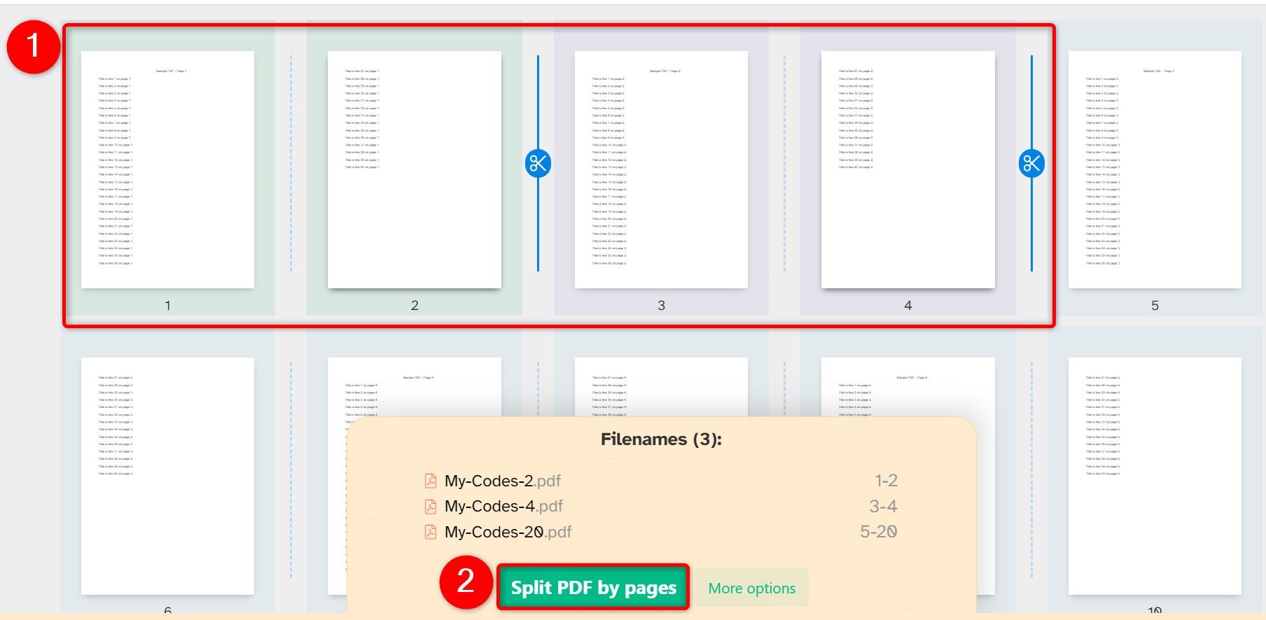 PDF pages and "Split PDF by Pages" highlighted on Sejda.