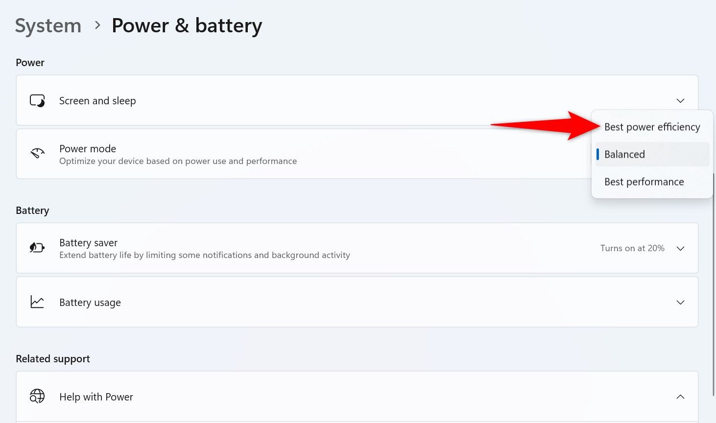 "Best Power Efficiency" highlighted in Settings.