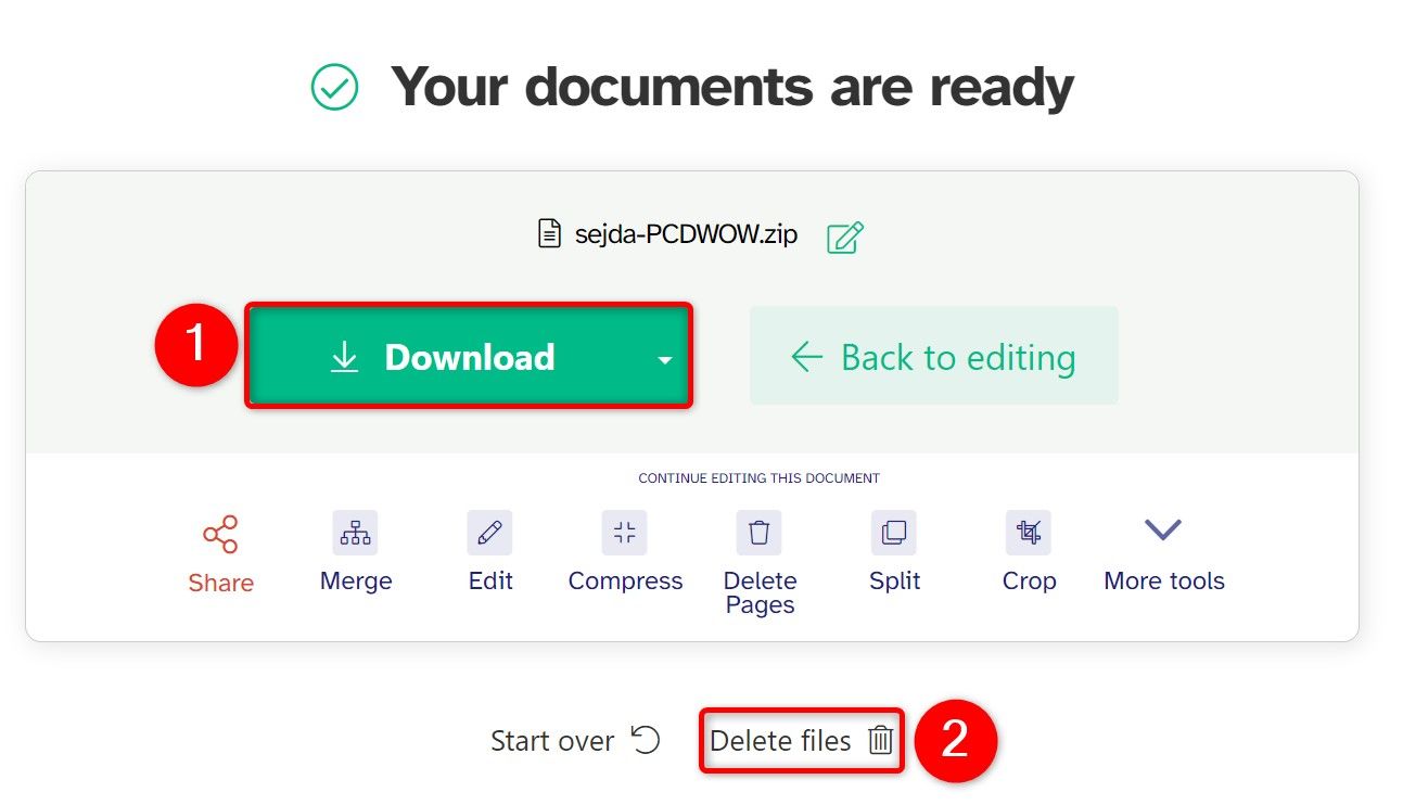 "Download" and "Delete Files" highlighted on Sejda.