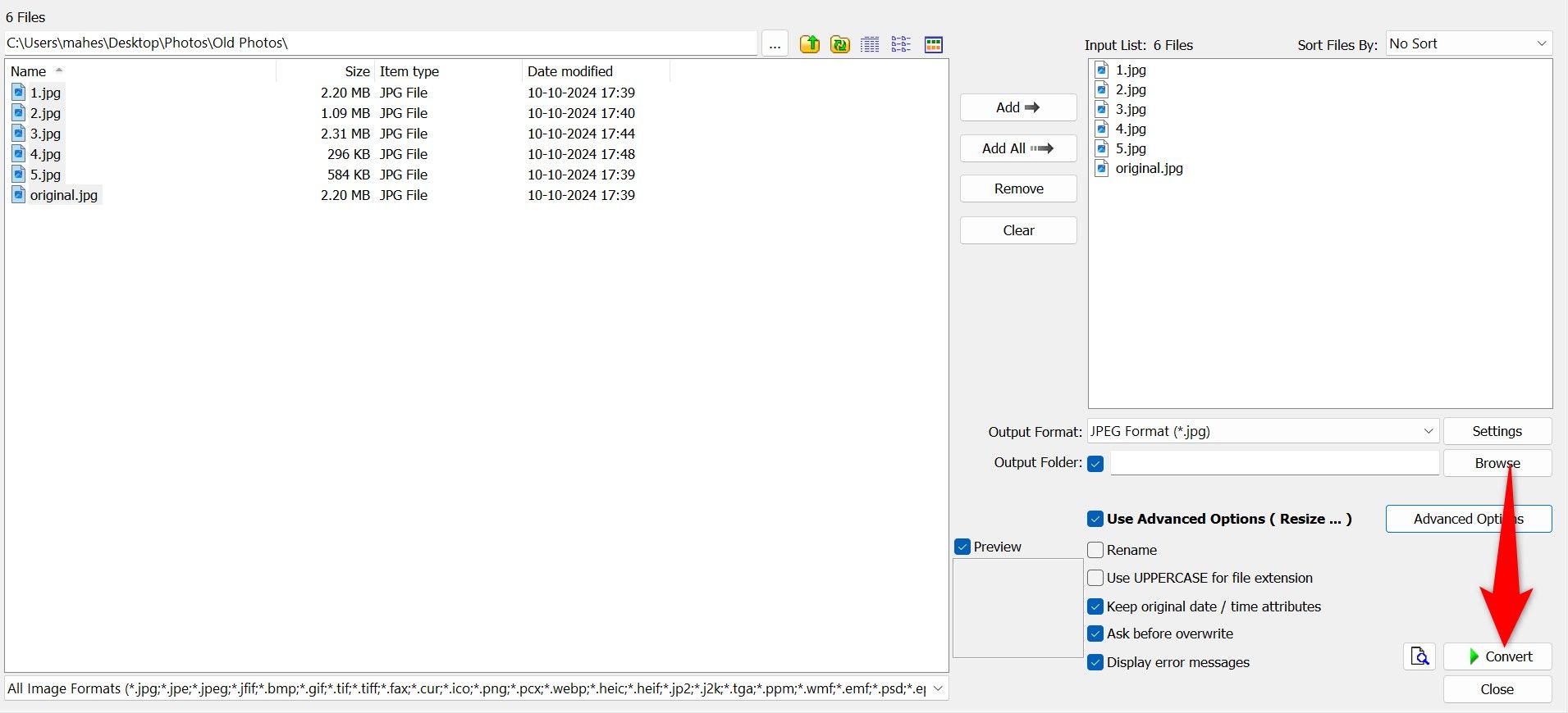 "Convert" highlighted in FastStone Photo Resizer.