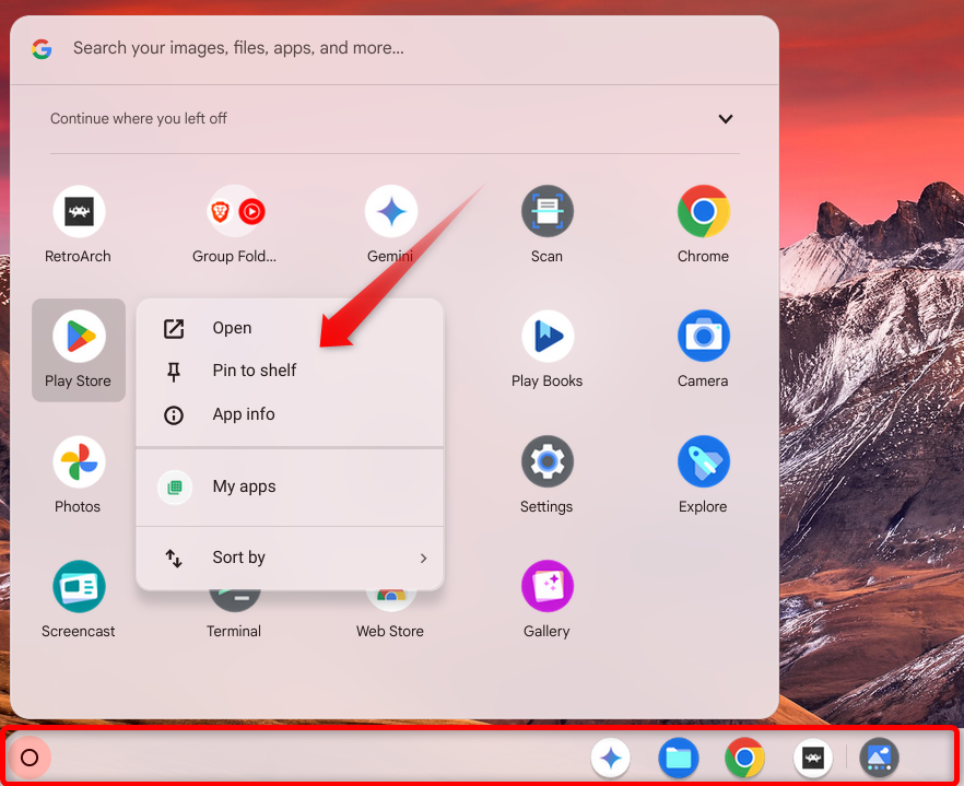 Pinning an app to Shelf on Chromebook.