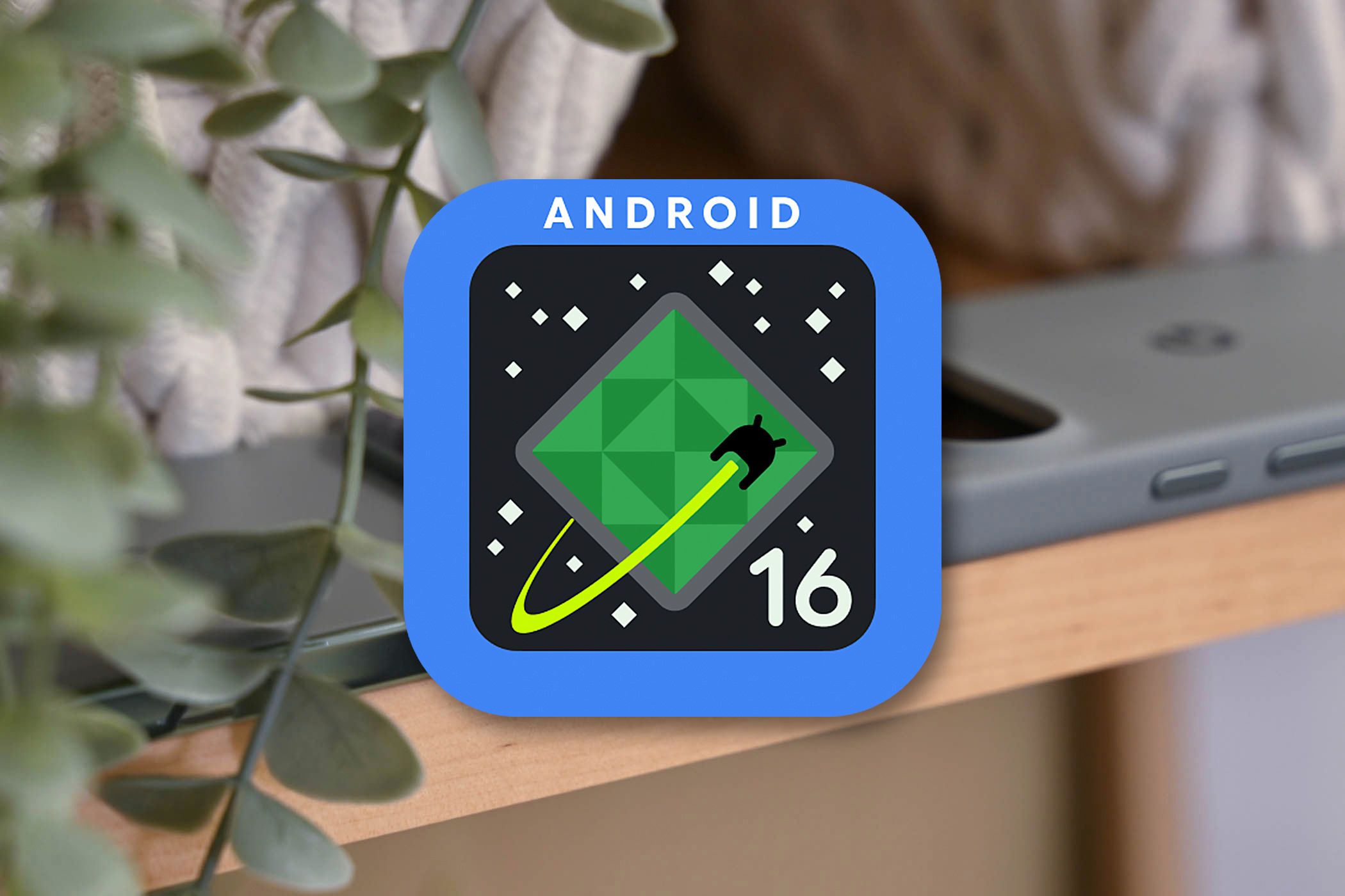 The Android 16 developer preview logo over a Pixel phone.