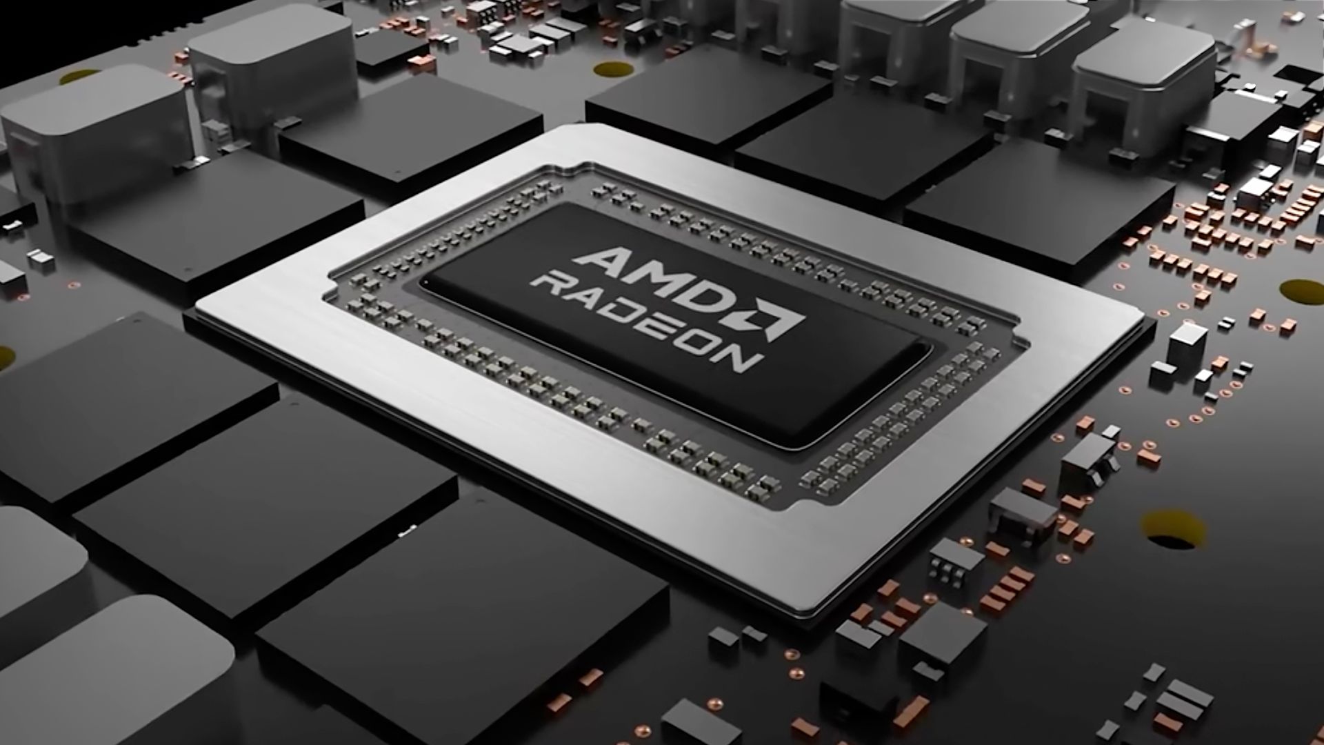 Illustration of an AMD Radeon chip on a board.