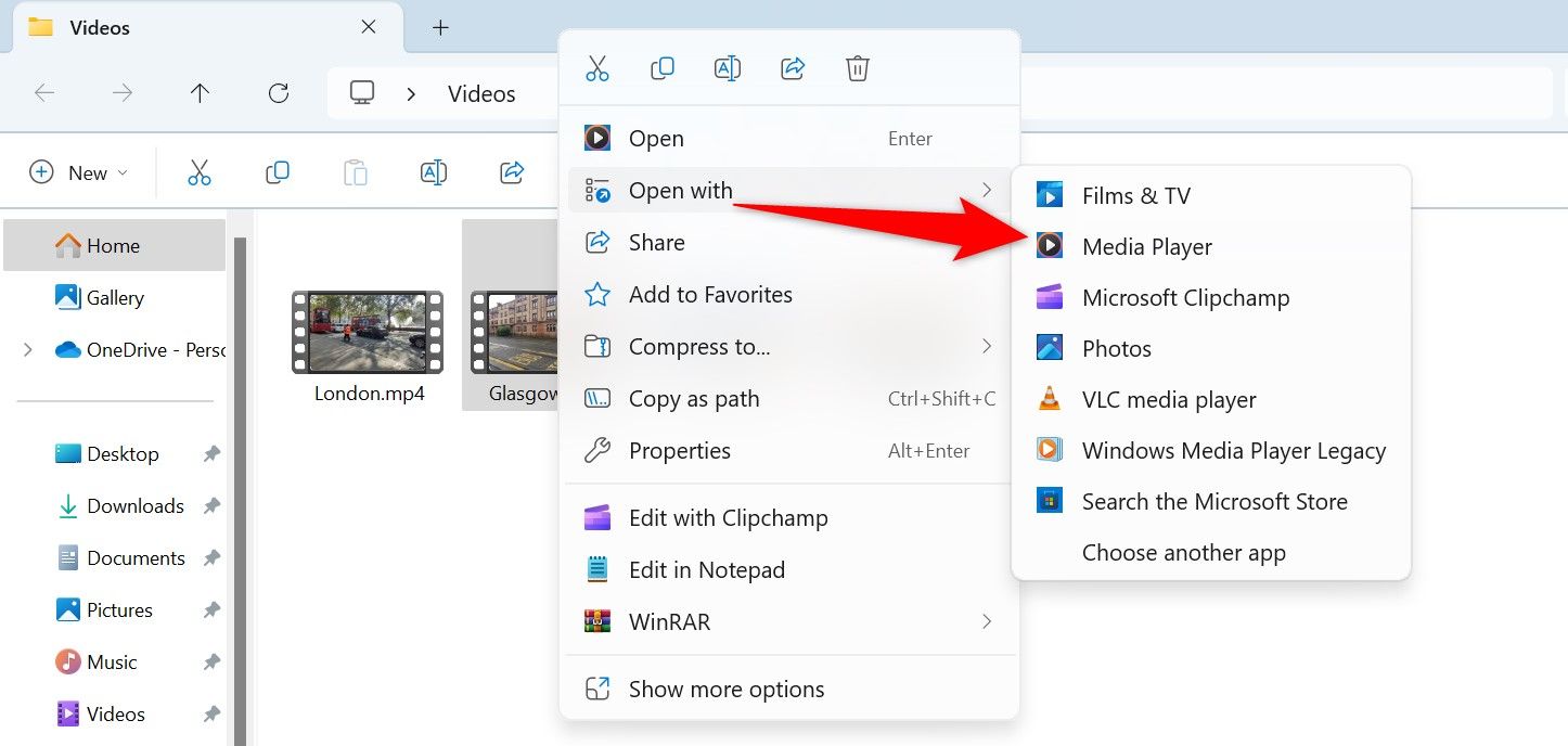 Open With > Media Player highlighted for a video in File Explorer.