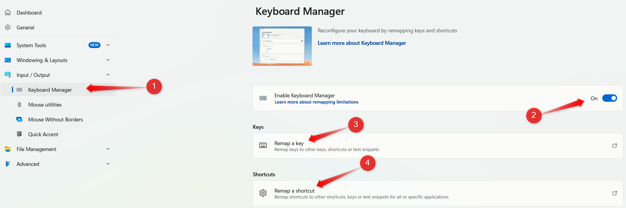 Remapping a key or shortcut using the Keyboard Manager tool in the PowerToys app on Windows.