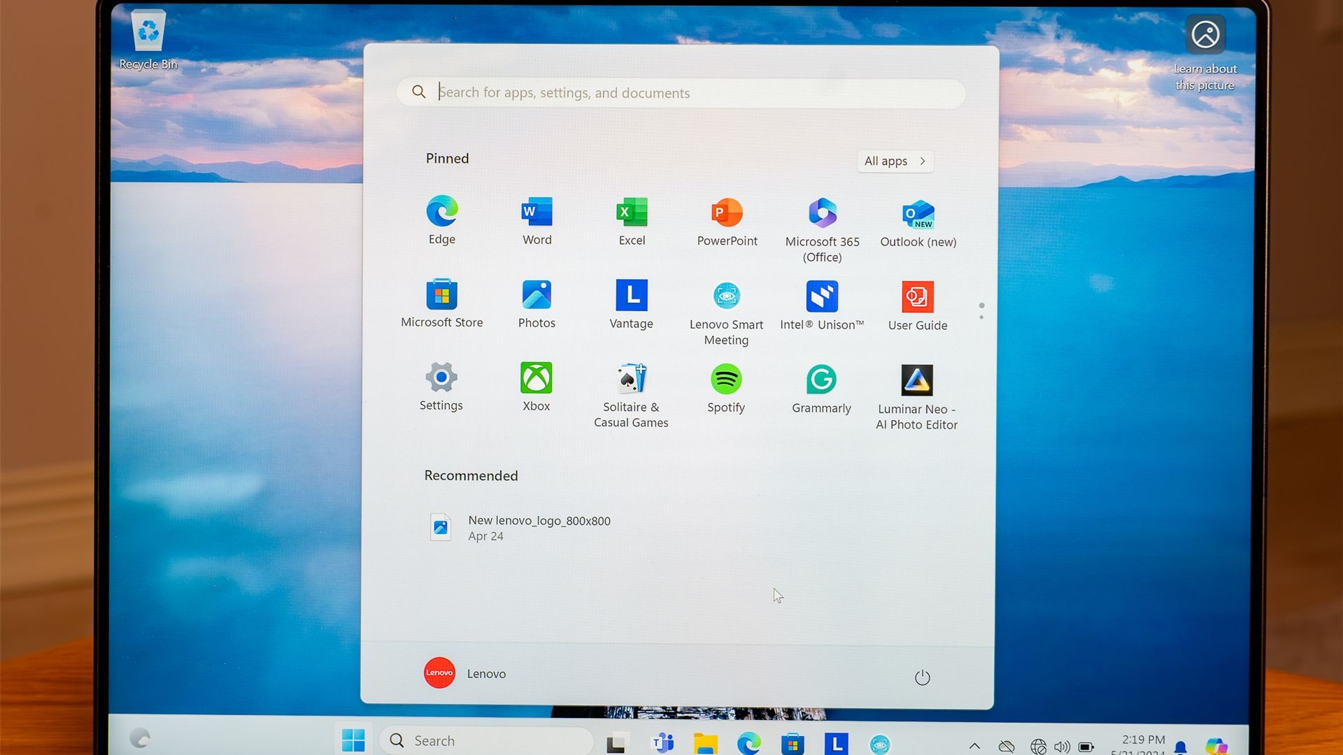 The Windows 11 Start menu open on a laptop.