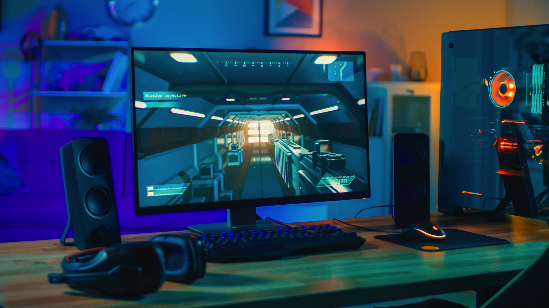 A gaming PC sitting on a desk with a game open on the monitor.