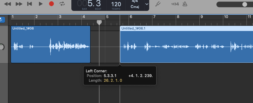 Deleting part of a clip in GarageBand.