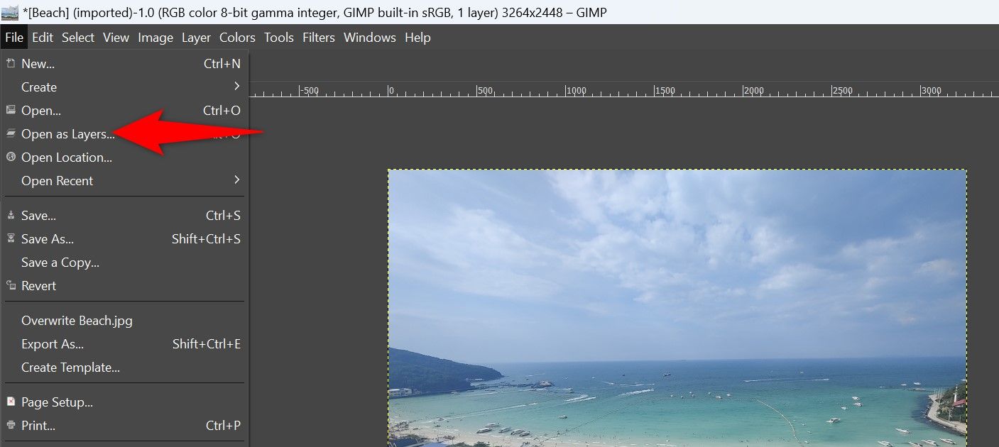 File > Open as Layers highlighted in GIMP.