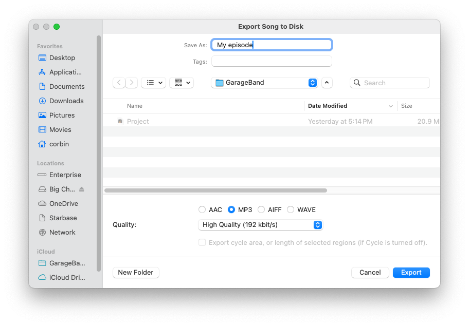 Export dialog in GarageBand.