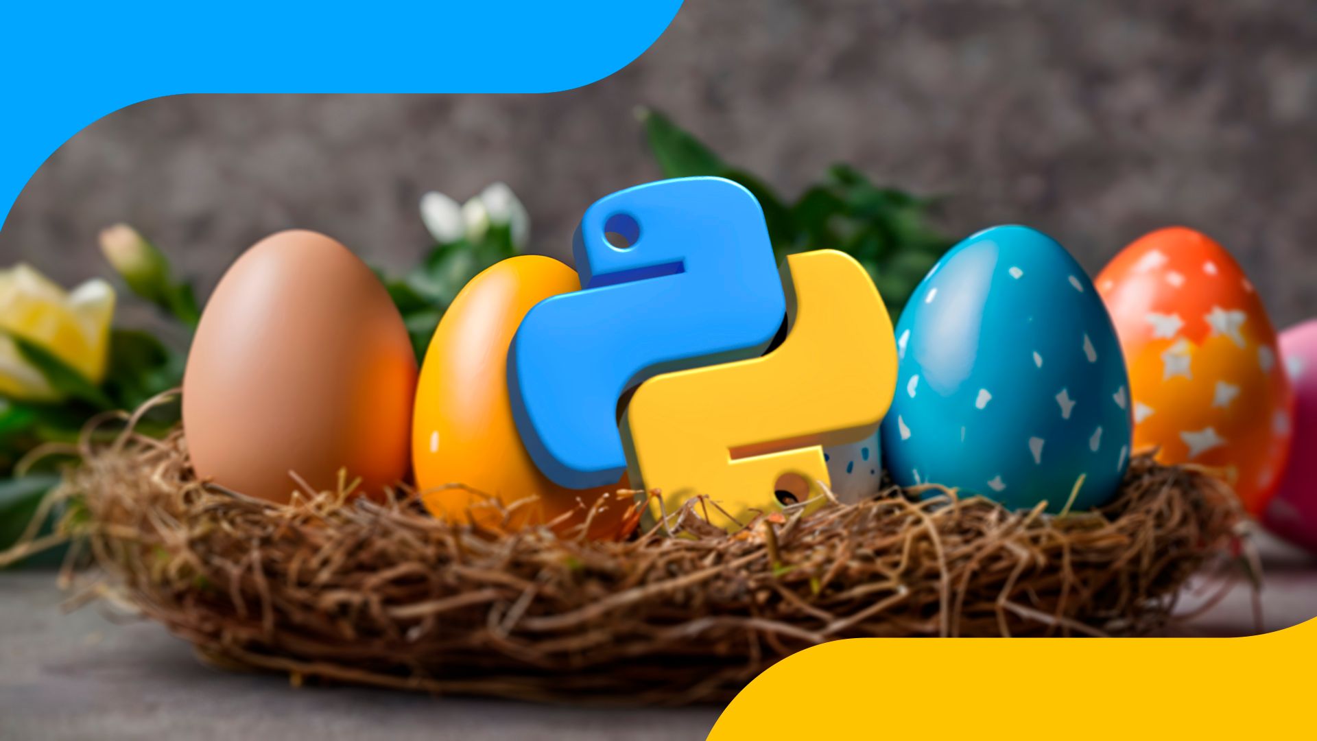 A basket full of Easter eggs and the Python logo.