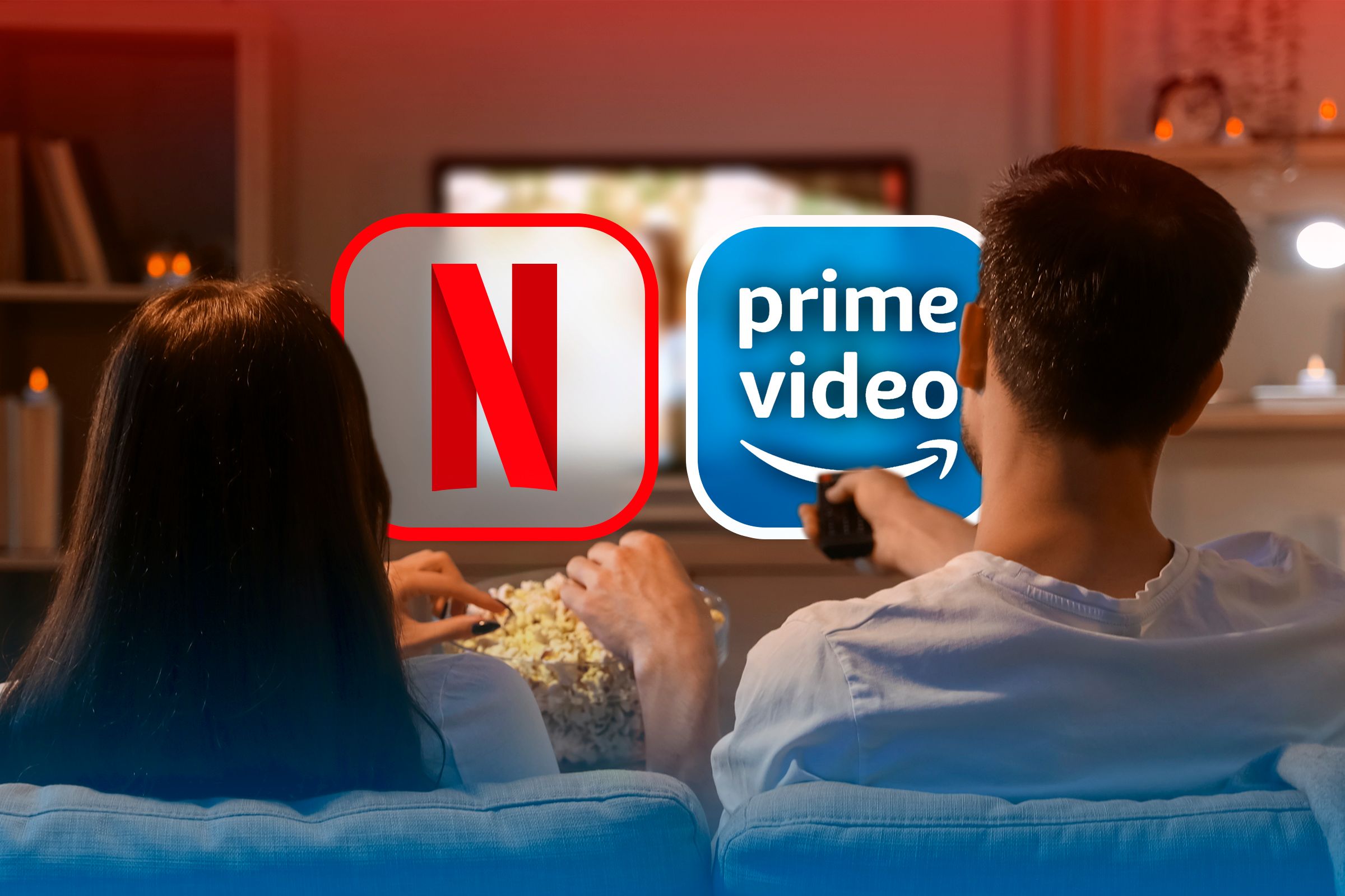 A couple watching TV with the Netflix and Prime Video logos.