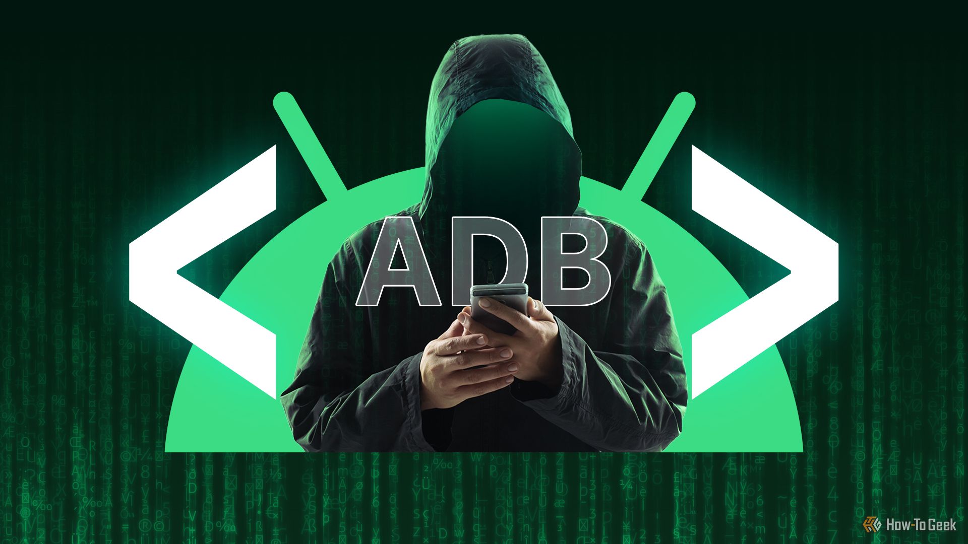 A hacker holding a smartphone with the Android logo in the background and angle brackets on both sides.