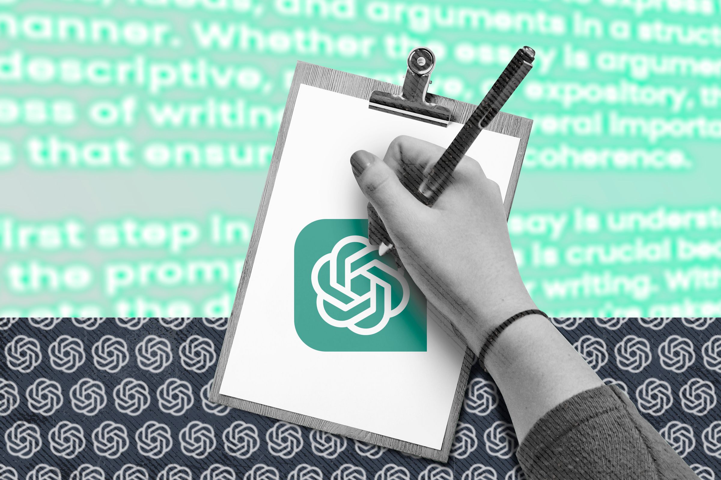 A hand holding a pen writing on a clipboard with the ChatGPT logo.