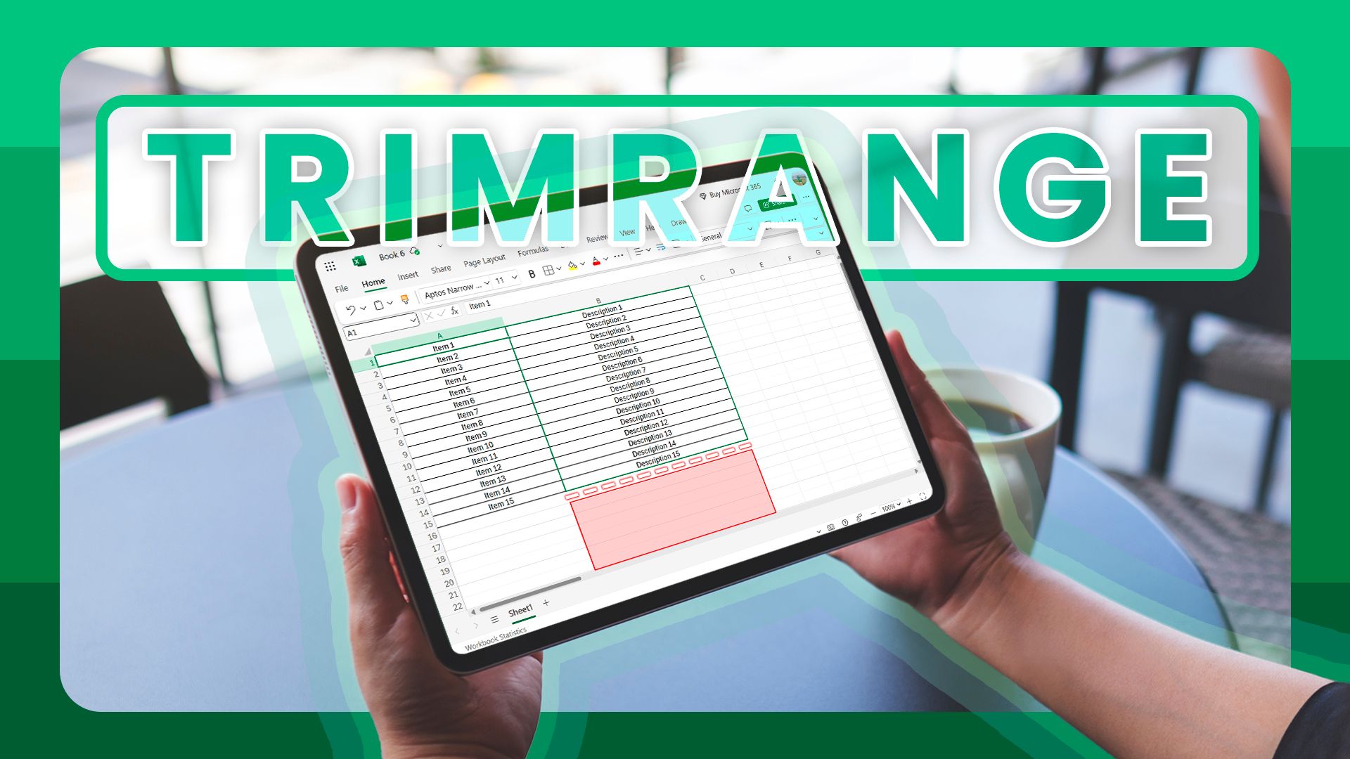 A hand holding a tablet with Excel open, highlighting some 'trimmed' rows.