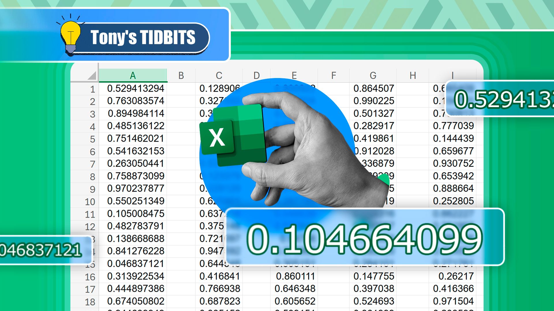 A hand holding the Excel logo with a spreadsheet in the background and various random numbers.