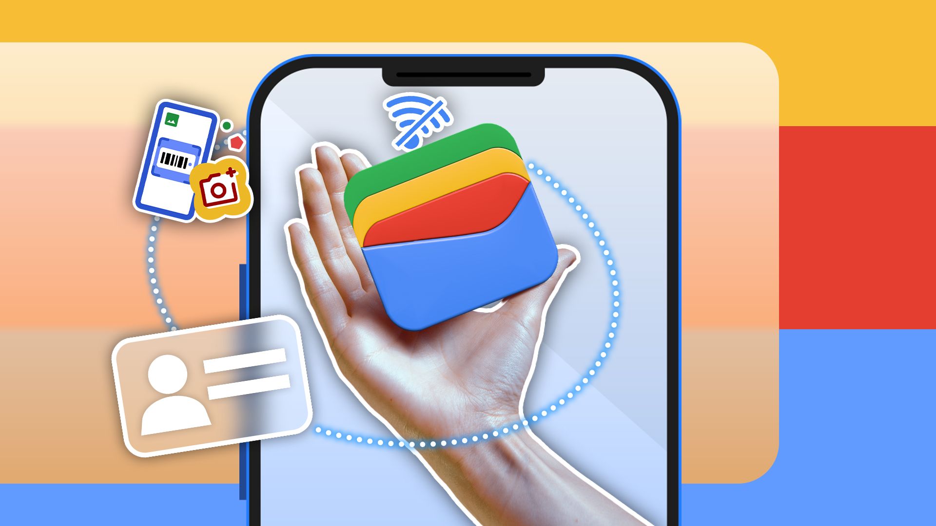 A hand with the Google Wallet logo and some feature icons around it