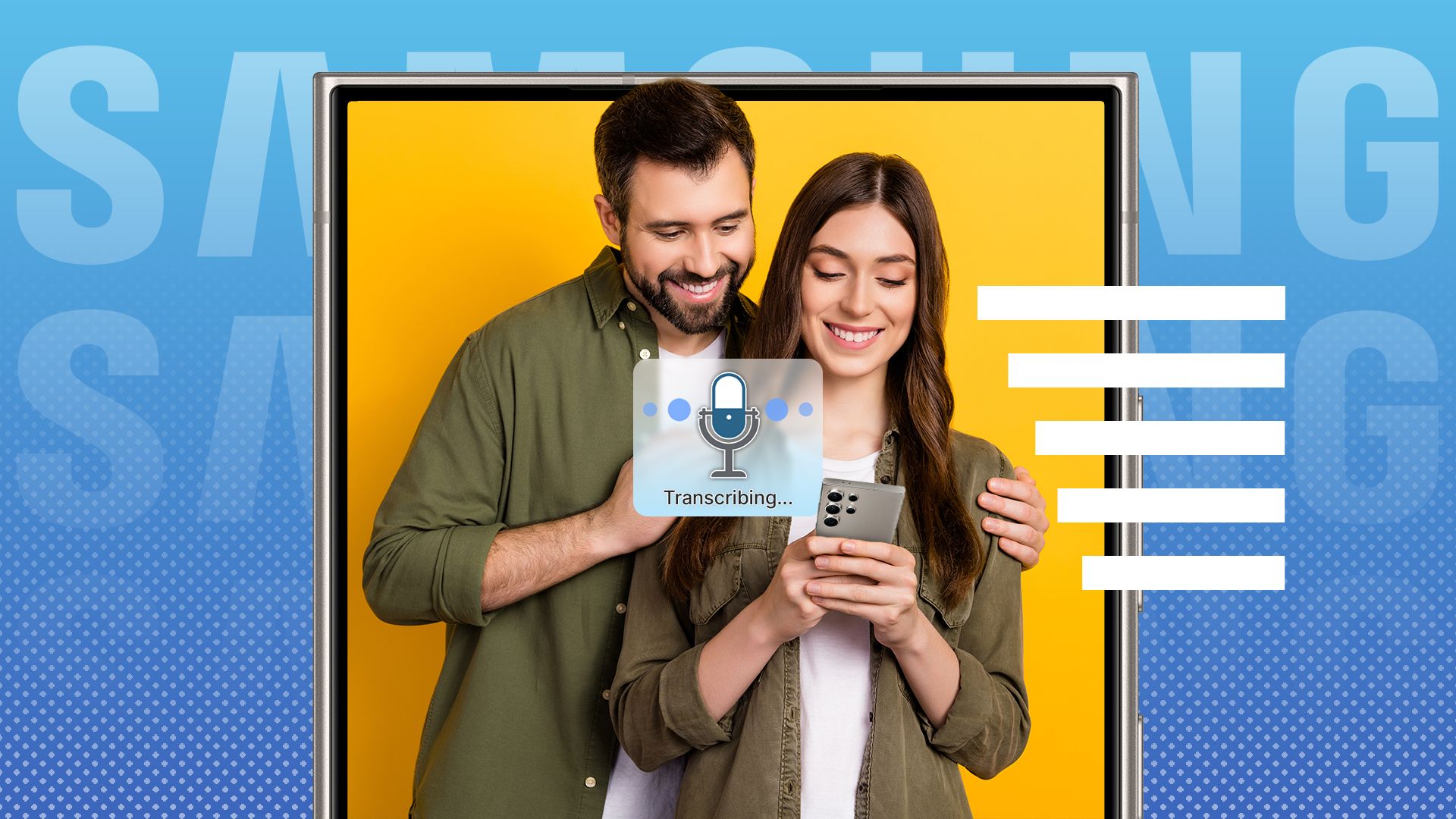 A happy couple with the woman holding an S24 Ultra and the transcribe icon in the center.