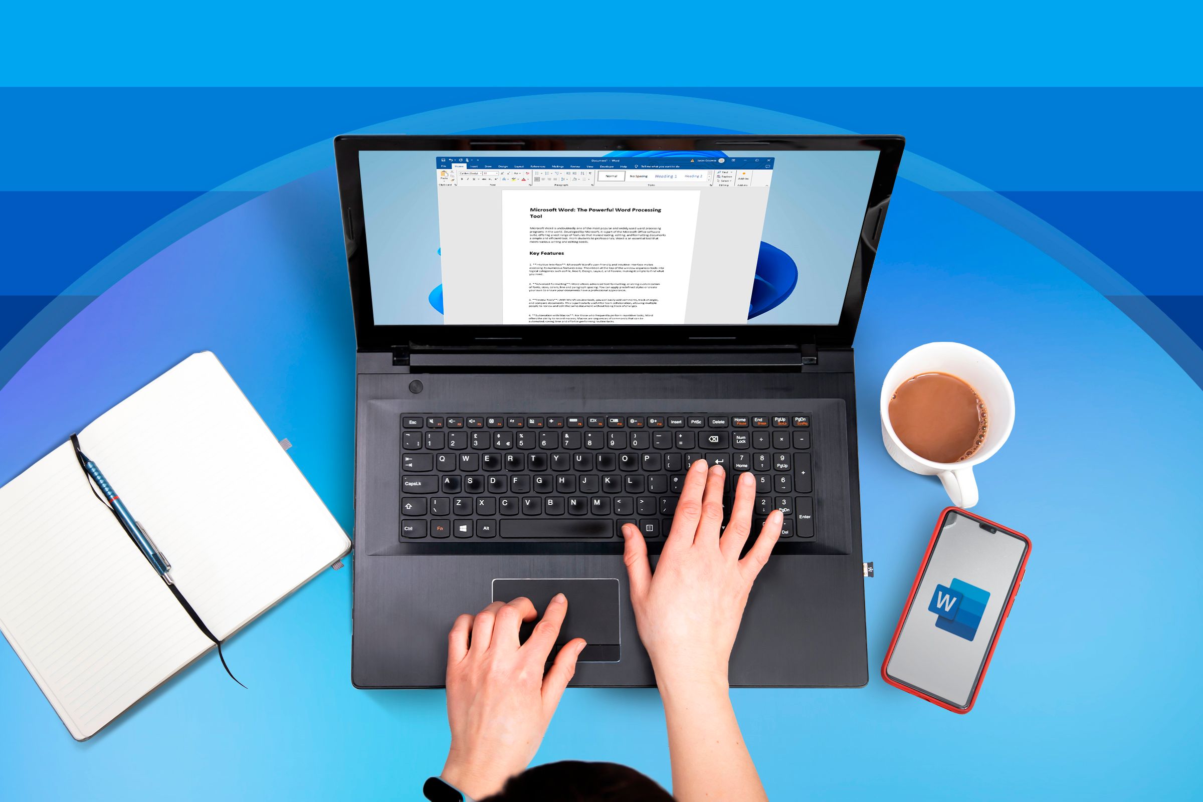 A laptop with Microsoft Word open, a notebook on the left, and a phone with the Word logo on the right.