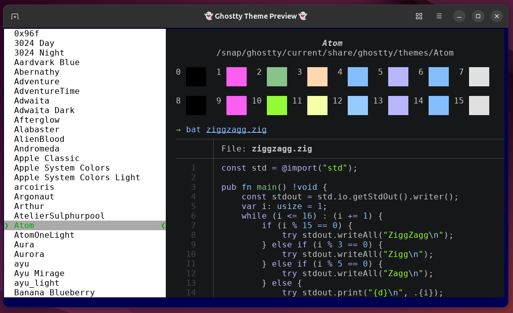 A list of available themes on Ghostty terminal.