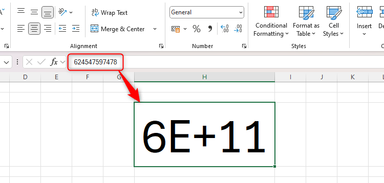 A long number converted into exponential notation in Excel.