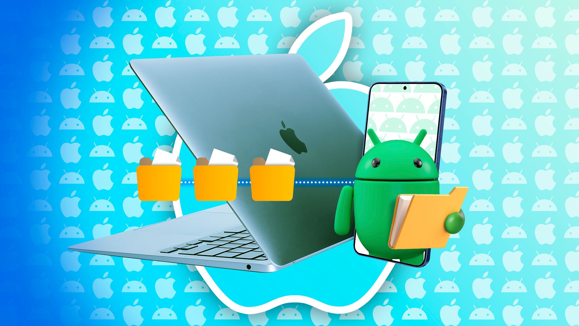 A MacBook with a smartphone next to it, with the Android mascot holding a file folder.