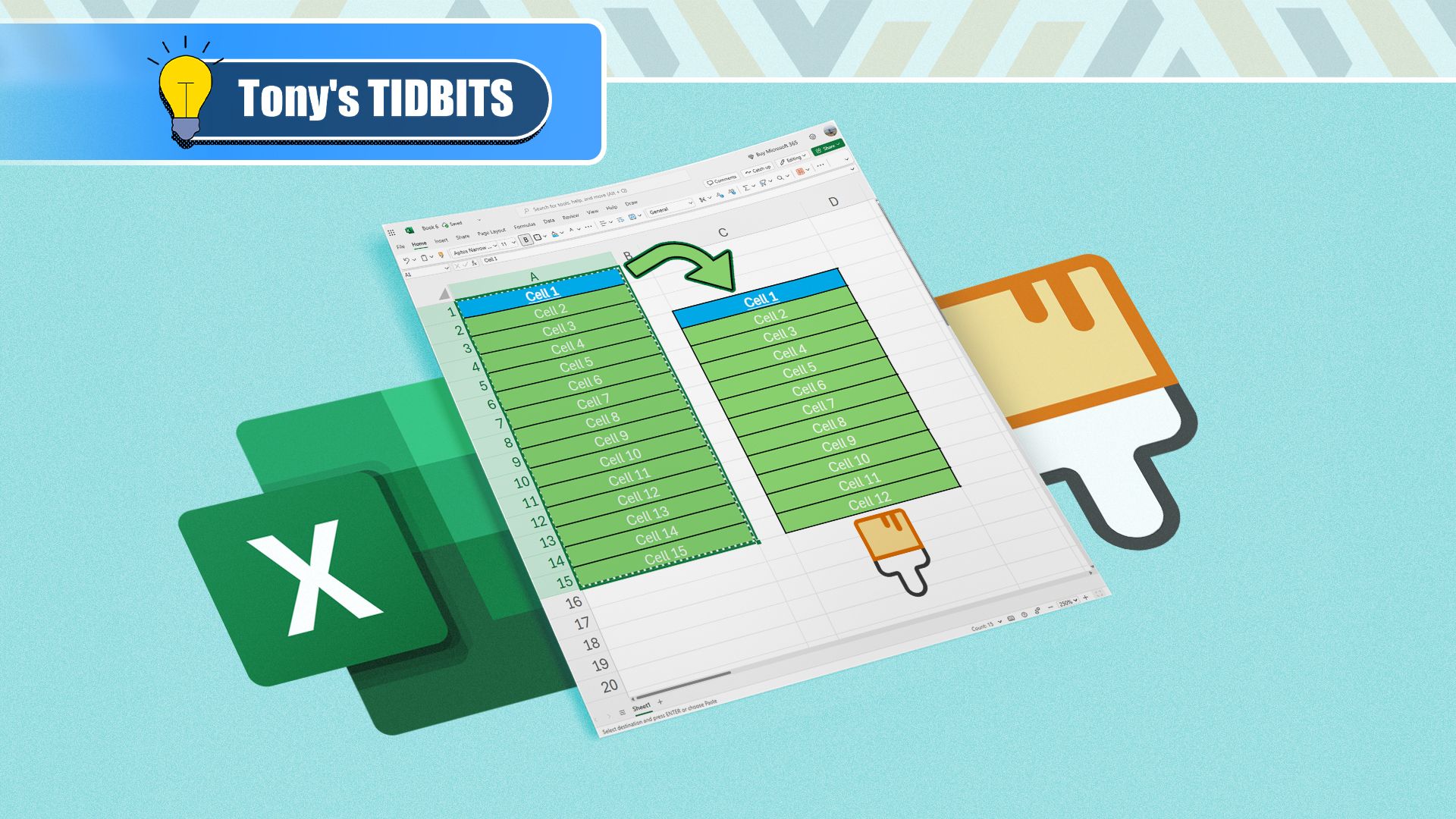 A paper with an Excel spreadsheet, the Excel logo on the left, and the Format Painter icon on the right.