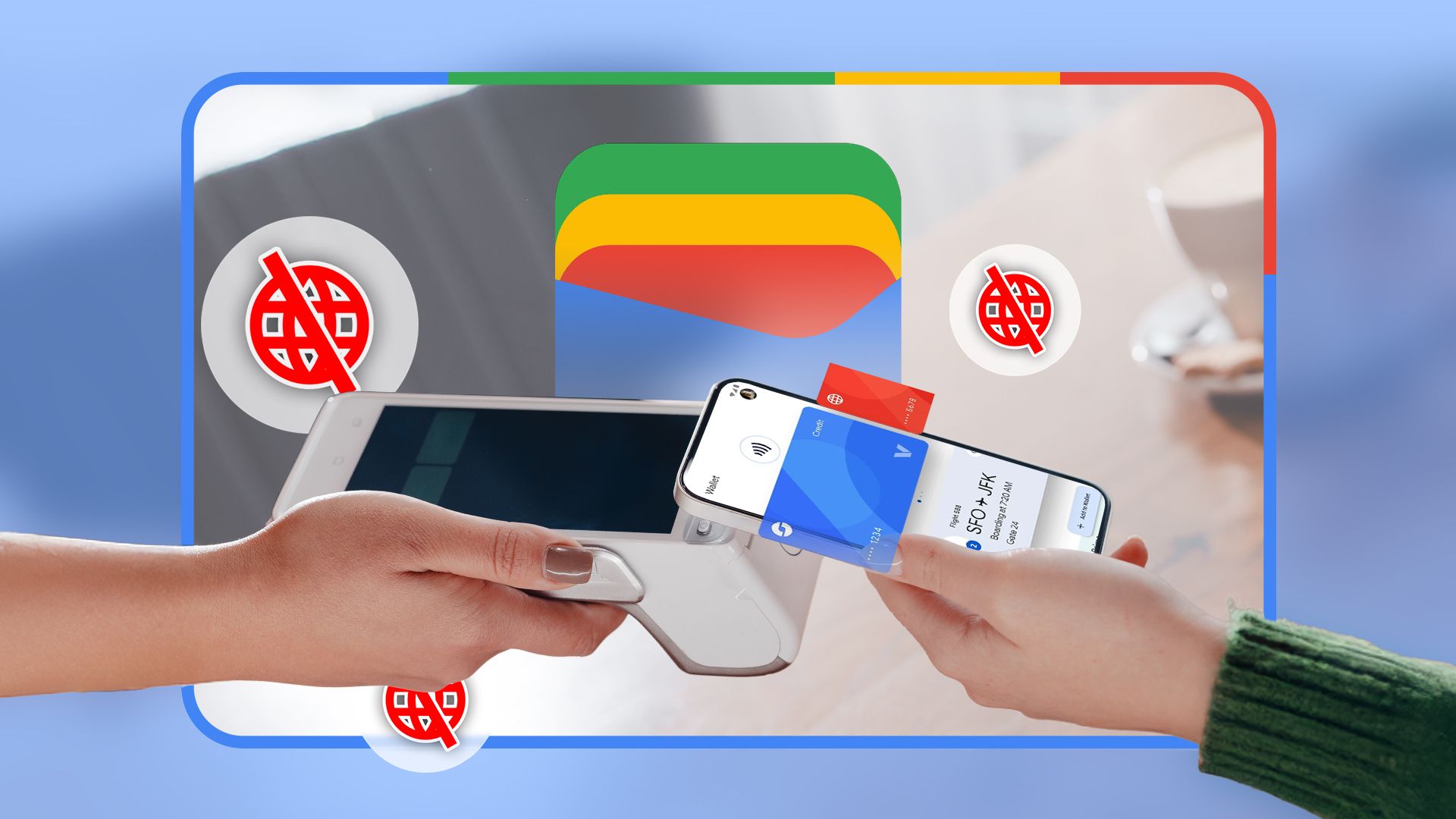 A person using their phone to make a payment via NFC on a card machine, with the Google Wallet logo in the background and 'no internet' icons around.