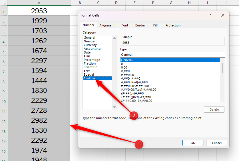 A range of cells in column A in Excel containing numbers is selected, and the Custom number format in the Format Cells dialog box is opened.