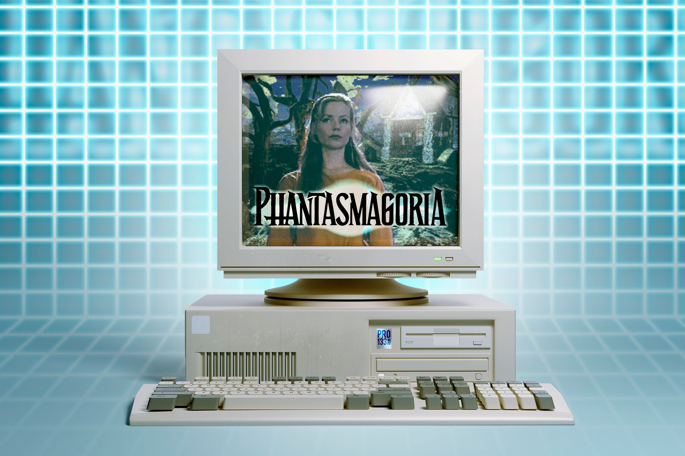 A retro computer with the game Phantasmagoria on the screen.