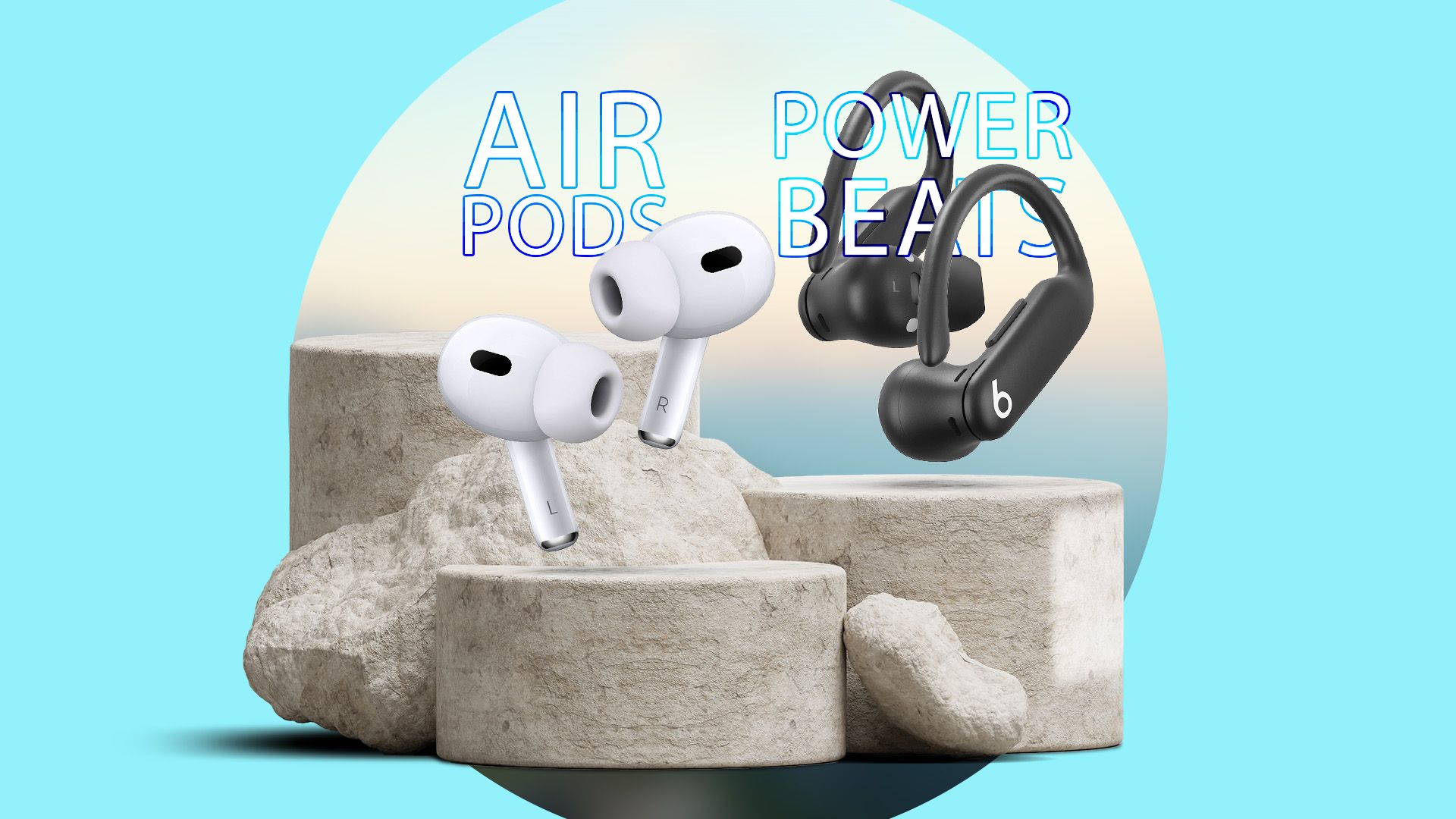 A stone podium with a pair of AirPods beside a pair of Powerbeats.