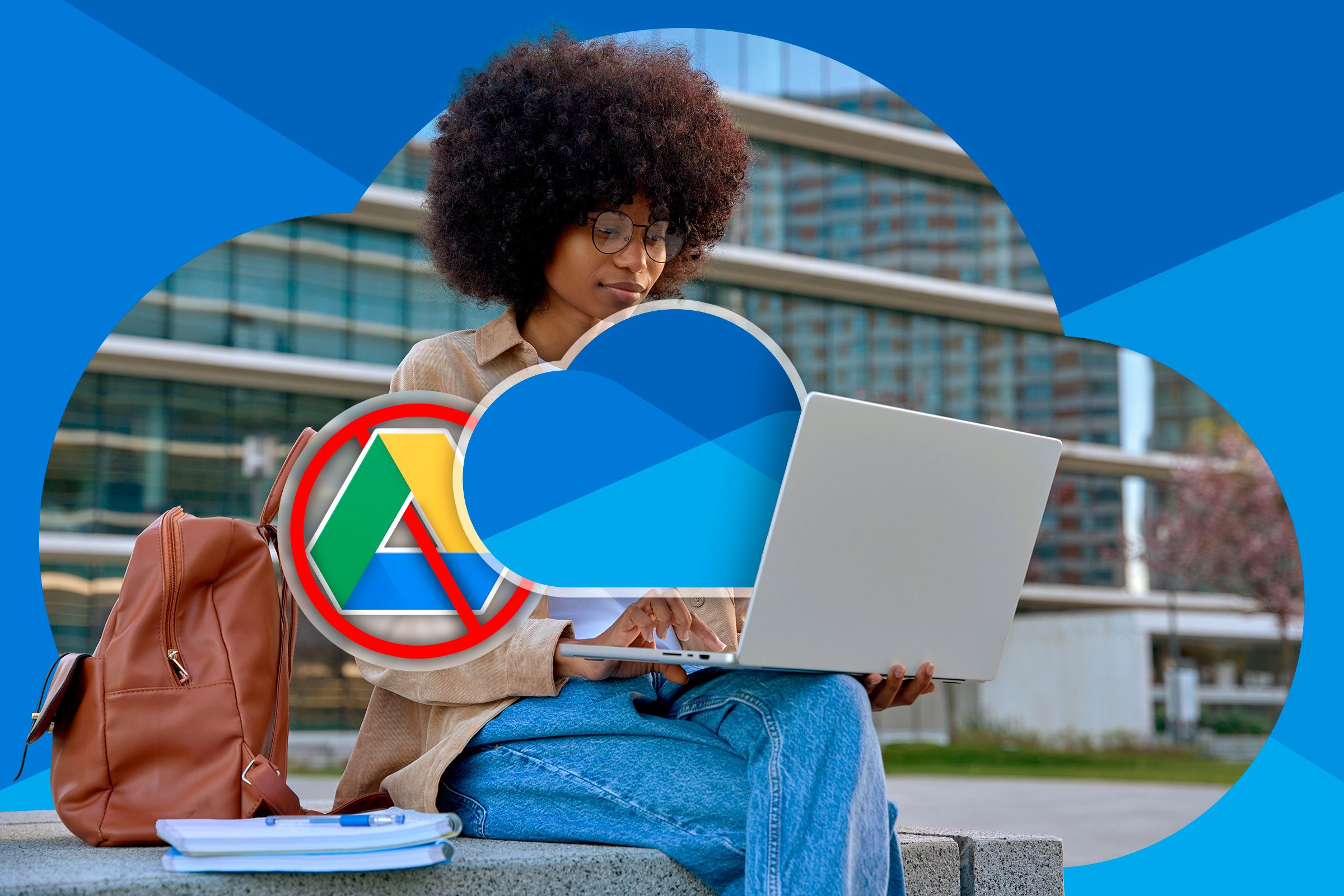 A woman using a laptop with the Google Drive and OneDrive logos in the center, with the Google Drive logo having a red strike through it.