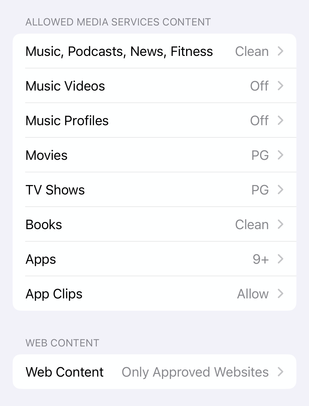 Age restrictions for media services and web content restrictions in the Apple parental controls.