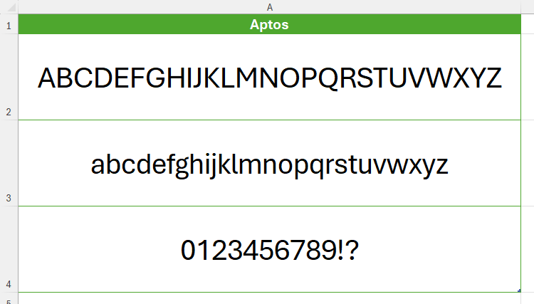 All letters of the alphabet in upper- and lower-case form, as well as all numbers from zero to nine and some punctuation, are displayed in Aptos in an Excel worksheet.