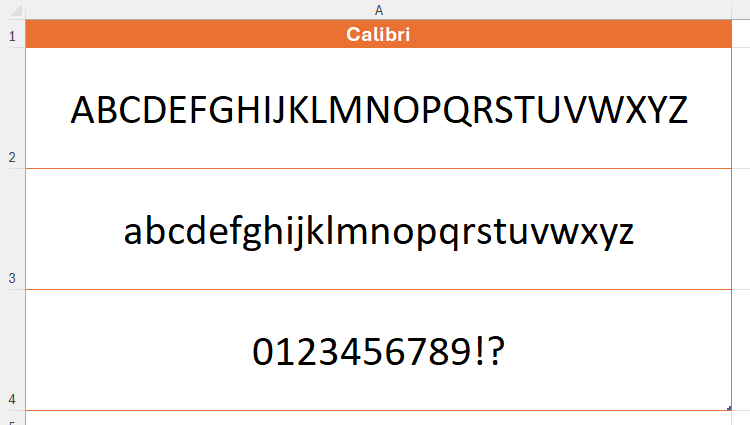 All letters of the alphabet in upper- and lower-case form, as well as all numbers from zero to nine and some punctuation, are displayed in Calibri in an Excel worksheet.