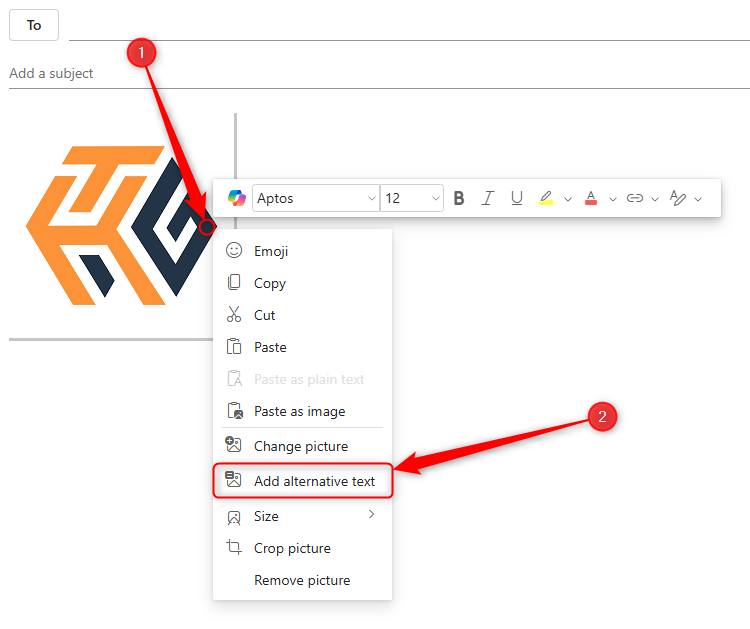 An email draft in new Outlook with an image of the HTG logo right-clicked, and 'Add Alternative Text' highlighted in the drop-down menu.