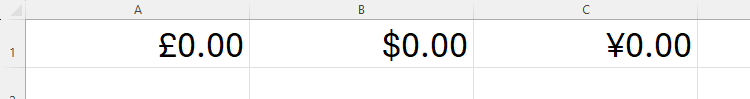 An Excel sheet containing 0 in three currencies, formatted with the Currency number format. Each cell contains the currency symbol, followed by 0.00.