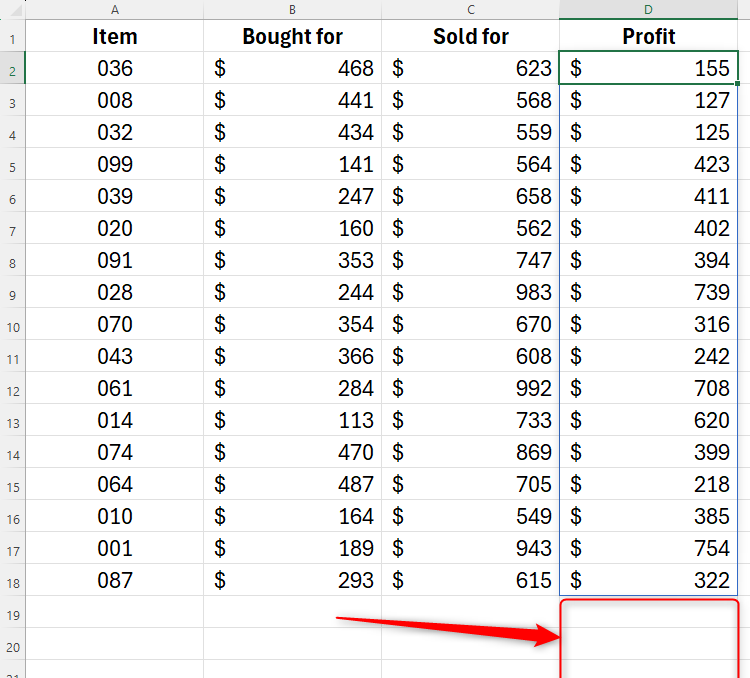 An Excel spreadsheet containing a spilled calculation that is trimmed at the bottom of the data.