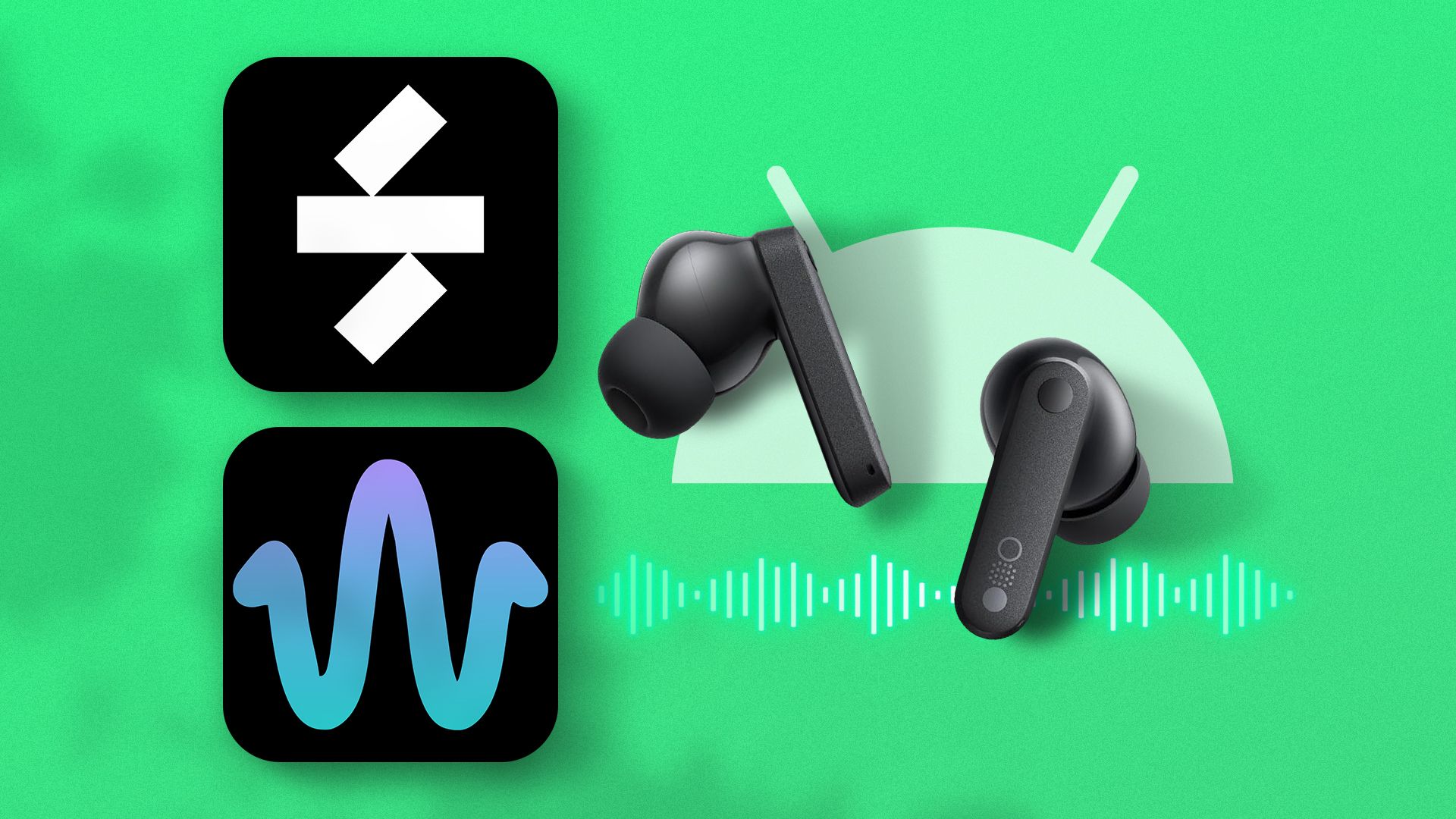 SoundID and Wavelet logos on the left, a pair of earbuds on the right, and the Android logo in the background.