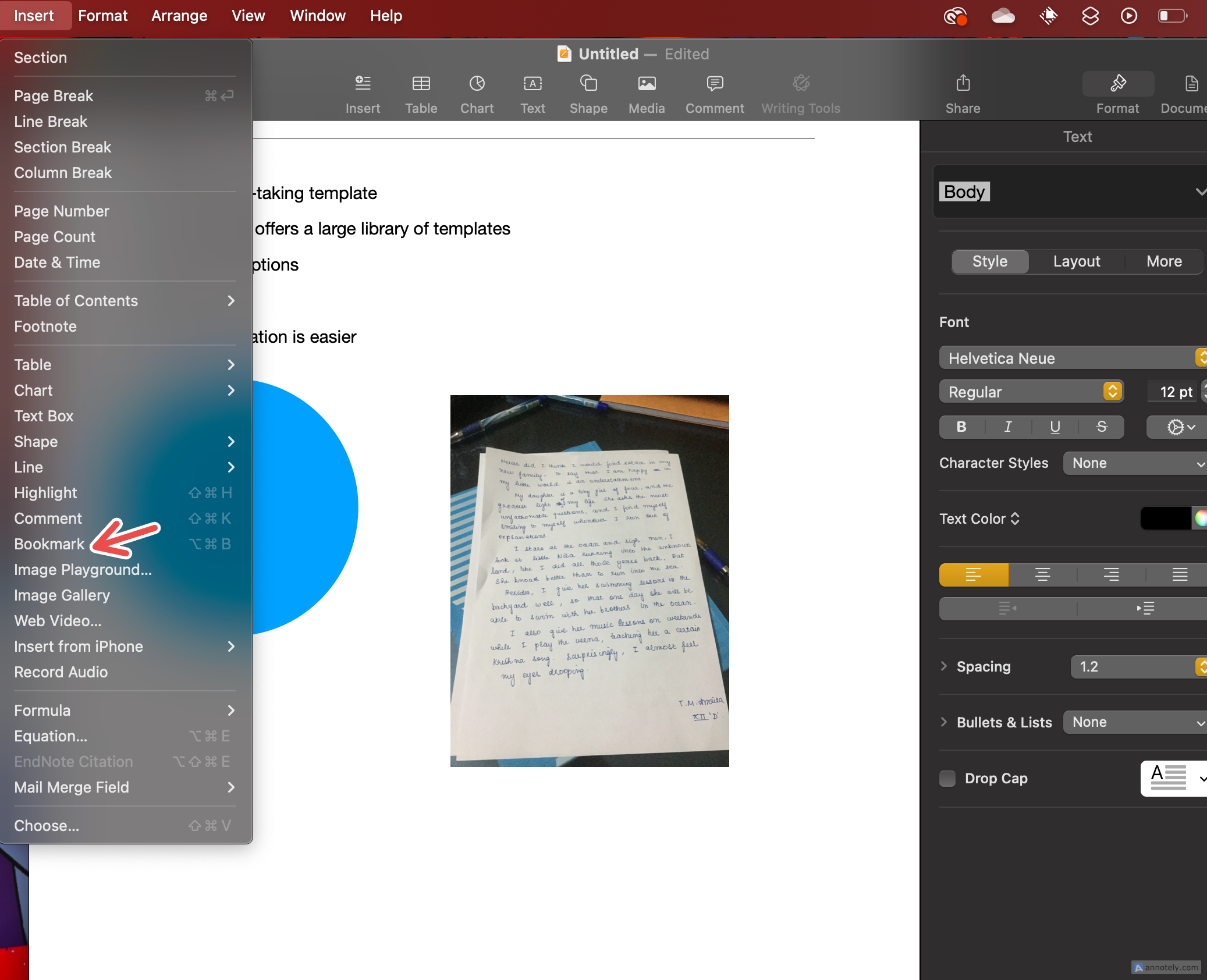 Adding a bookmark to a part in a Pages document.