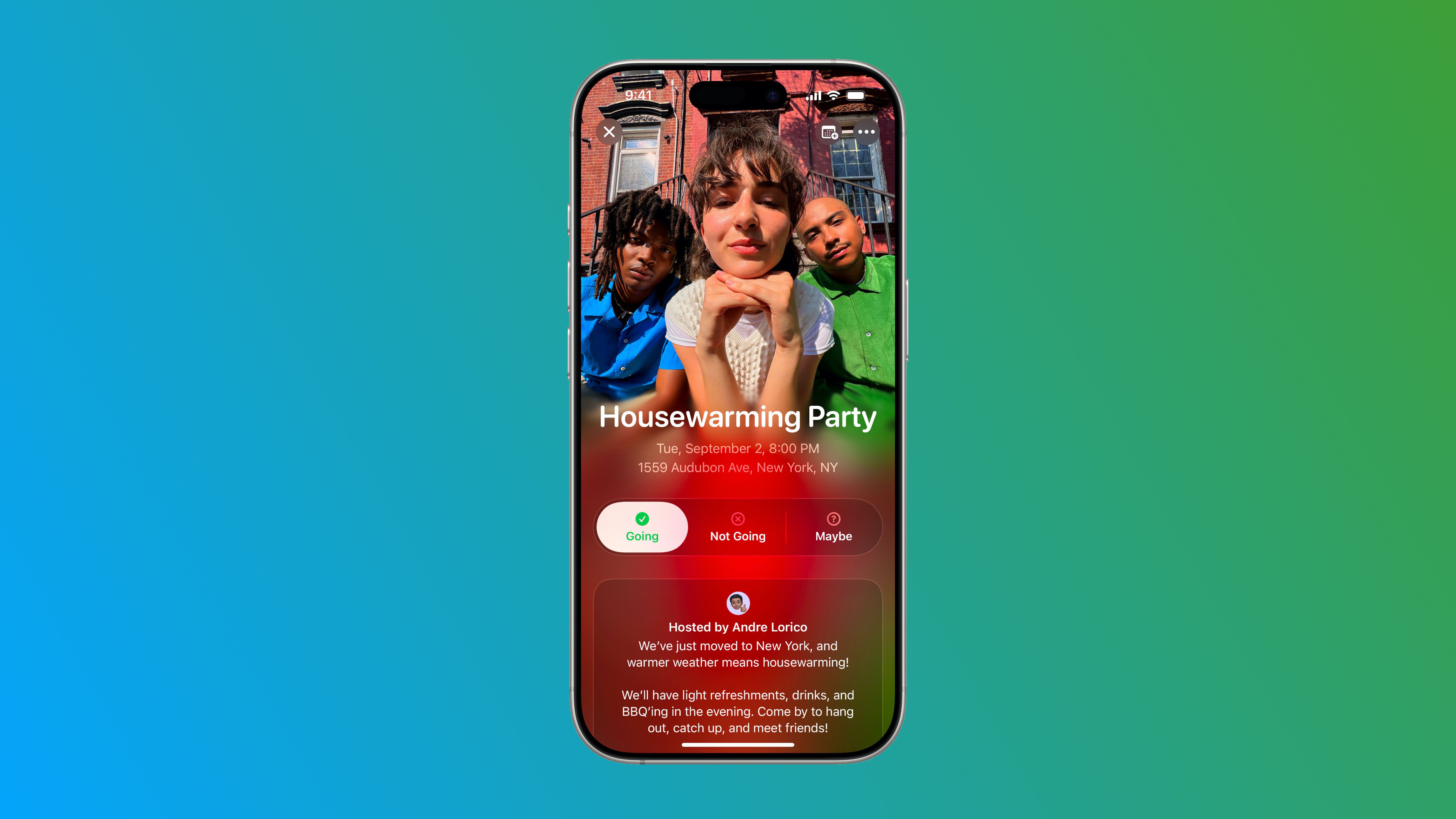 Apple Invites app promotional on a colorful background.