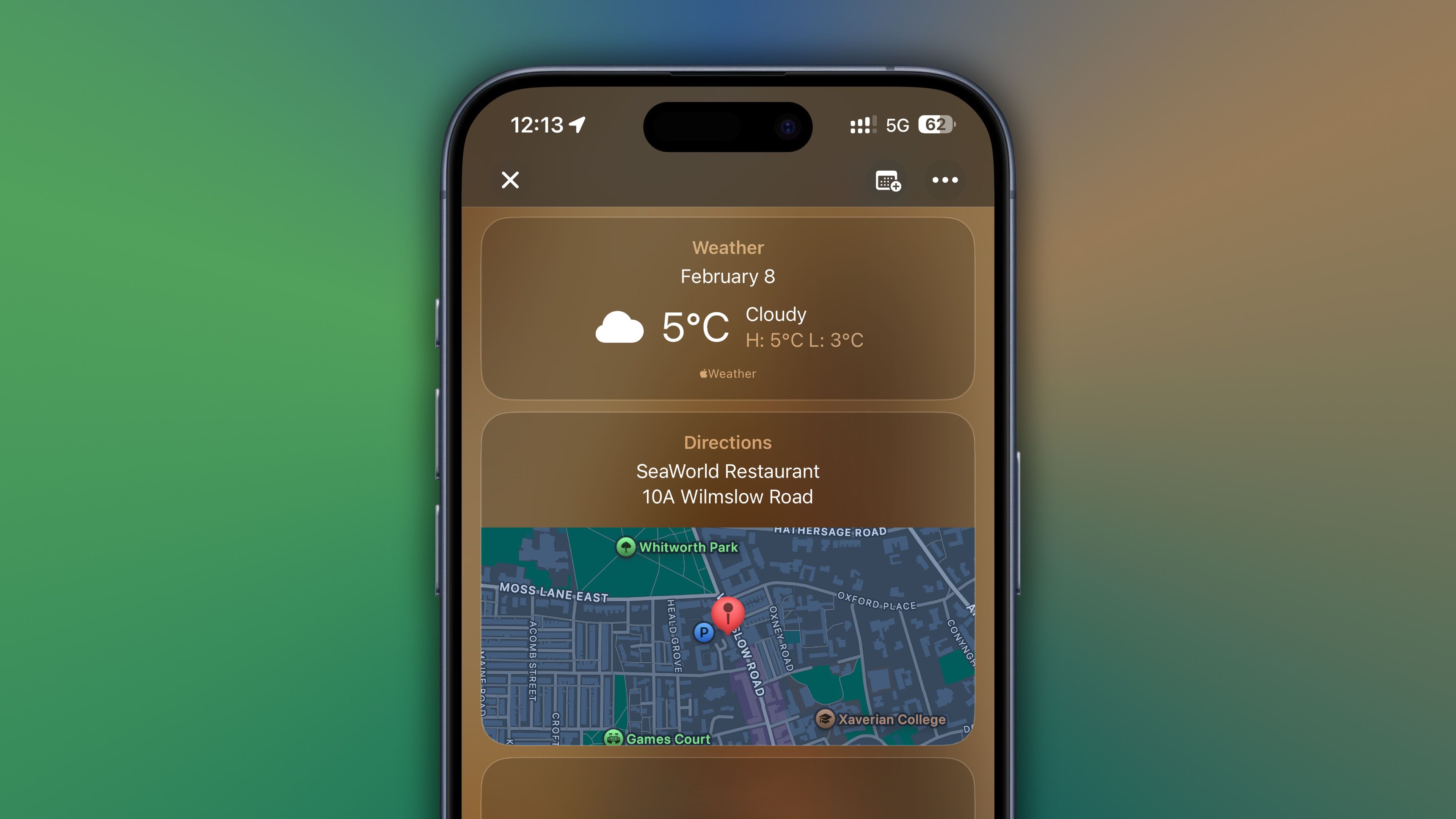 Closeup of the embedded weather forecast and Apple Maps directions on an invitation on the Apple Invites iPhone app.