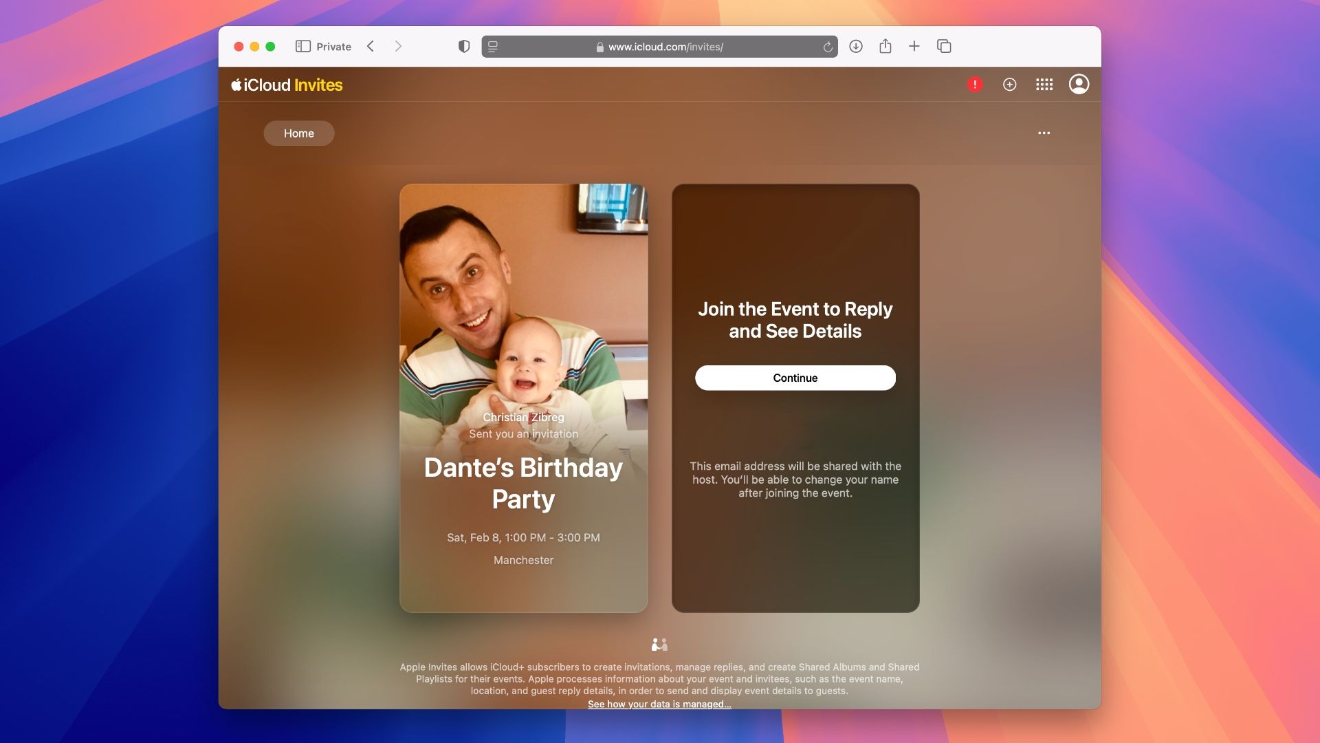 Joining a birthday party event using the Apple Invites web app.