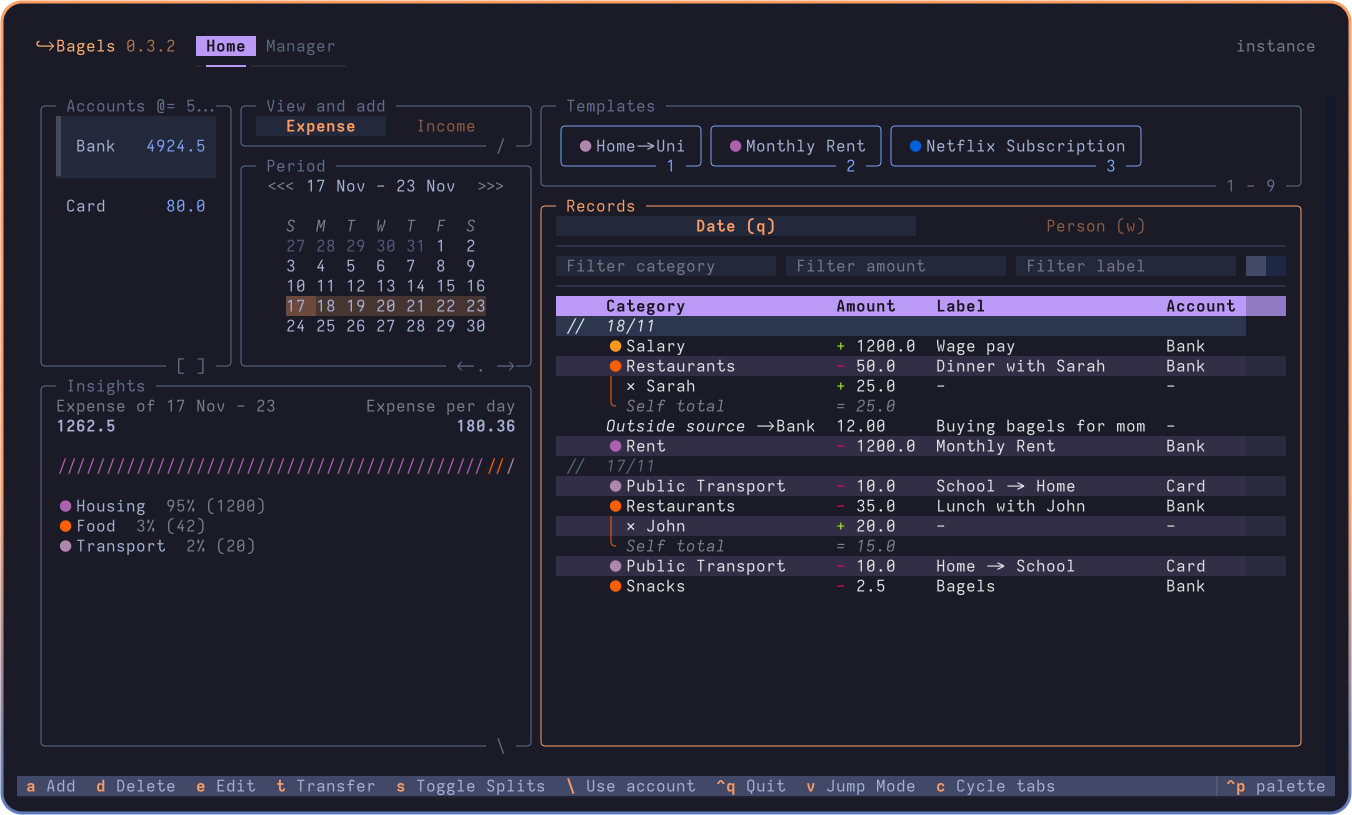 The Bagels TUI uses panes to display several features on-screen at once.